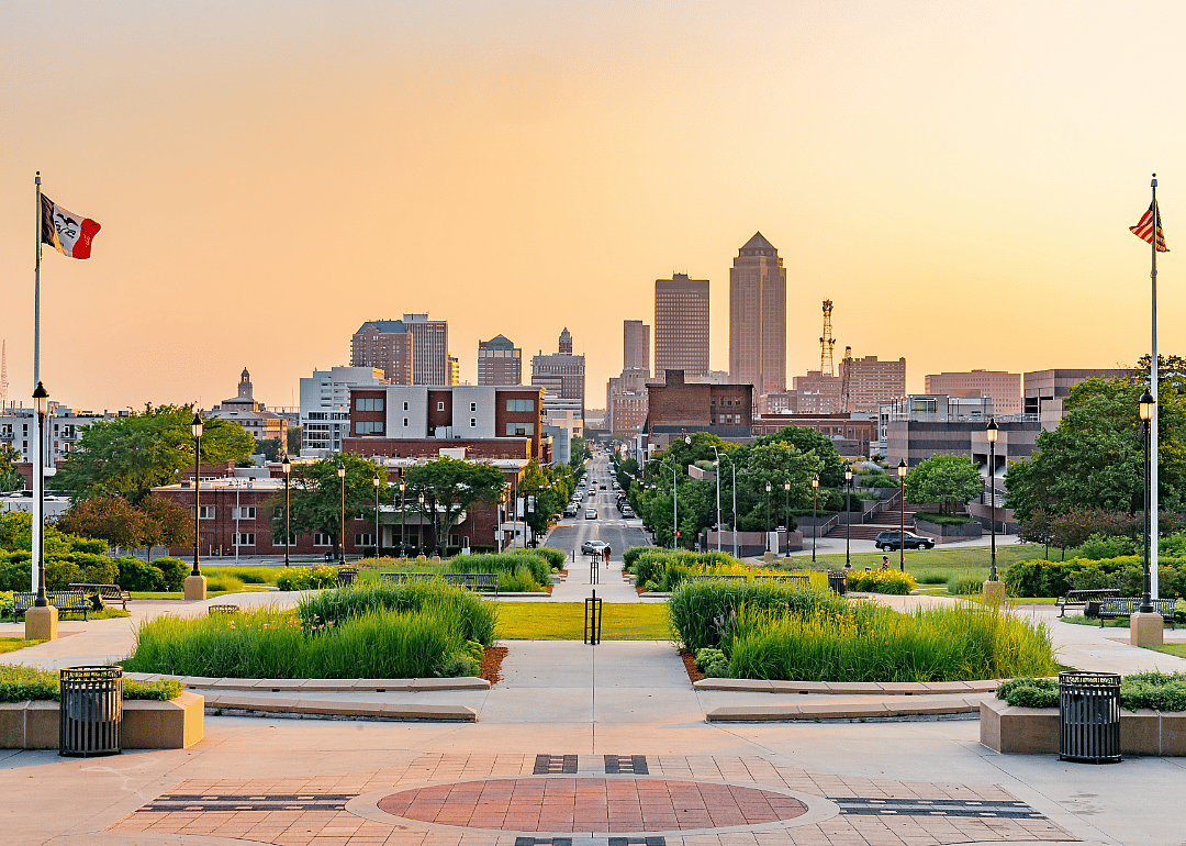 The Des Moines skyline at sunset.