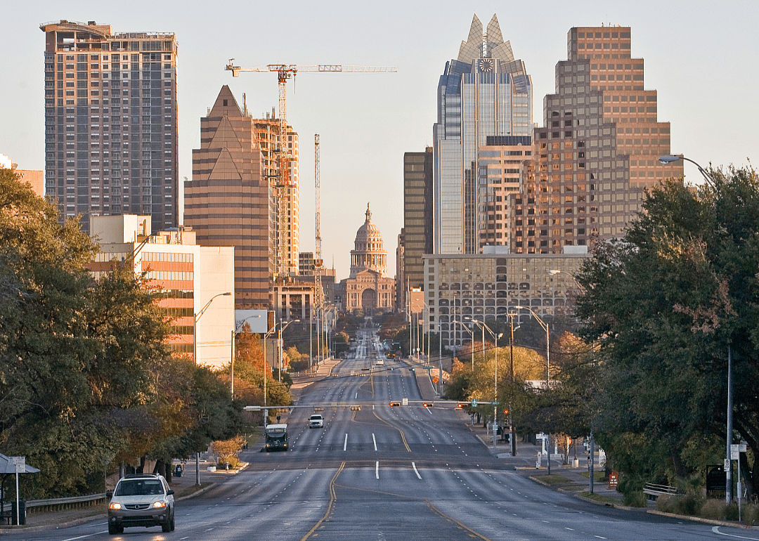 The skyline in Austin with the capitol in the background.