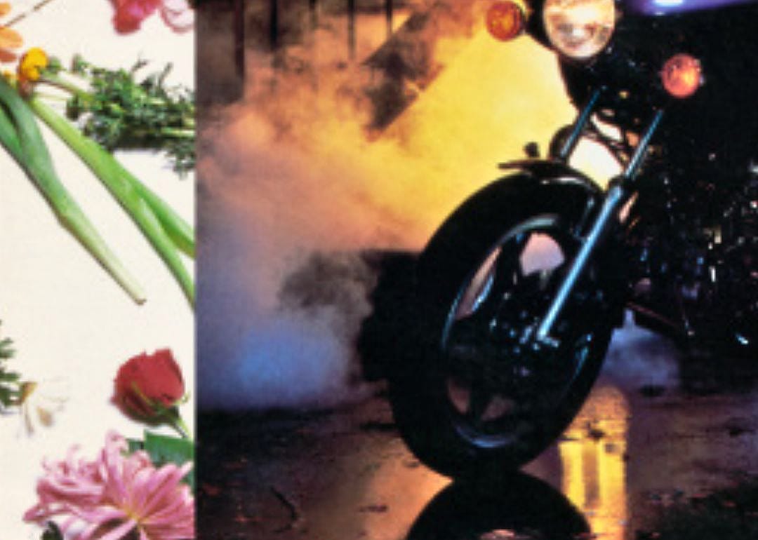 The front wheel of a motorcycle with fog in the background..