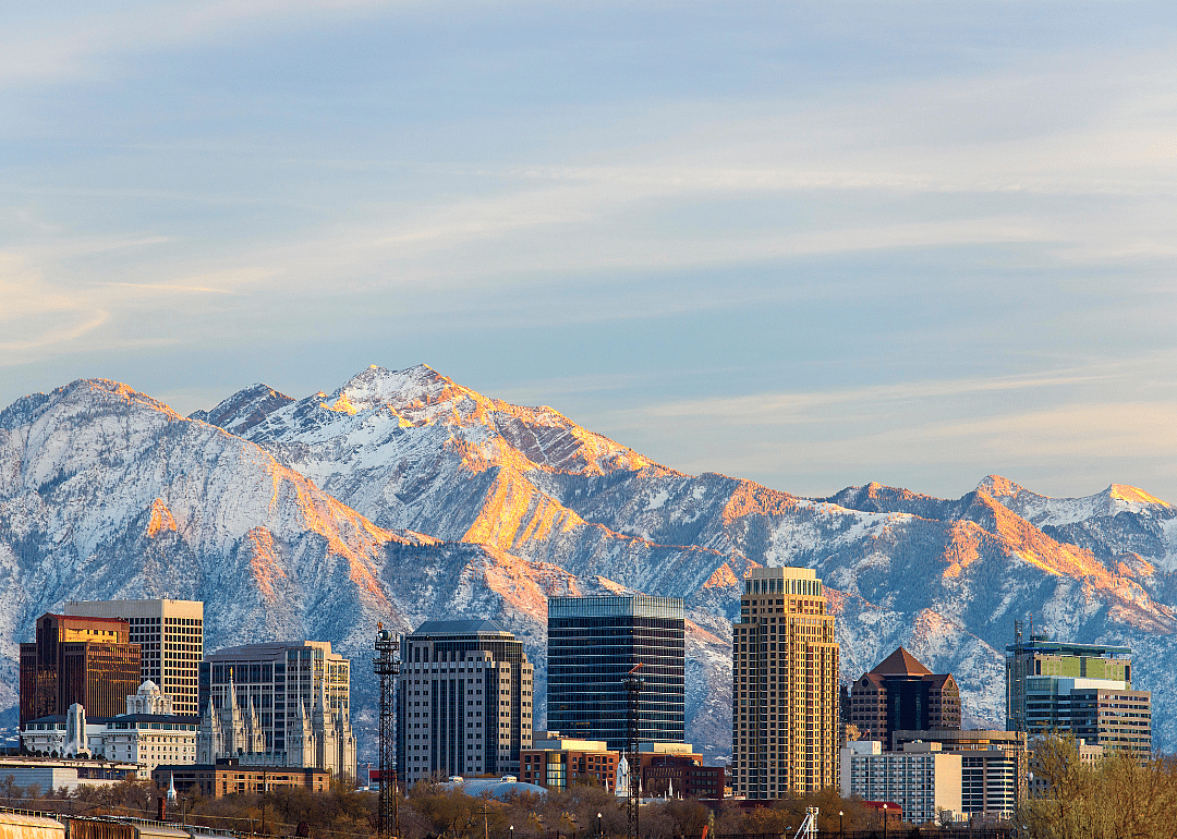 A city skyline with snowy mountain peaks in the background.