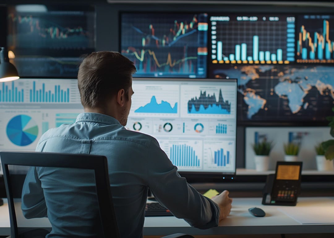 A man seen from behind working at a desk surrounded by multiple large screens displaying various finance- and data-related charts and graphs.