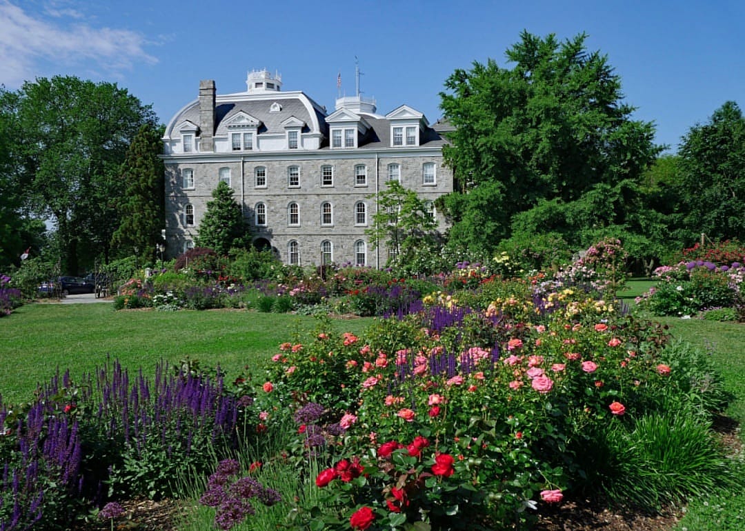 Colorful flowers in front of Swarthmore College.