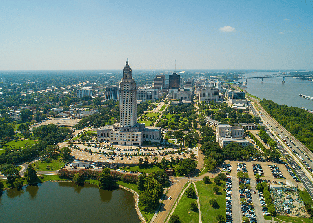 An aerial view of downtown Baton Rouge on the water.