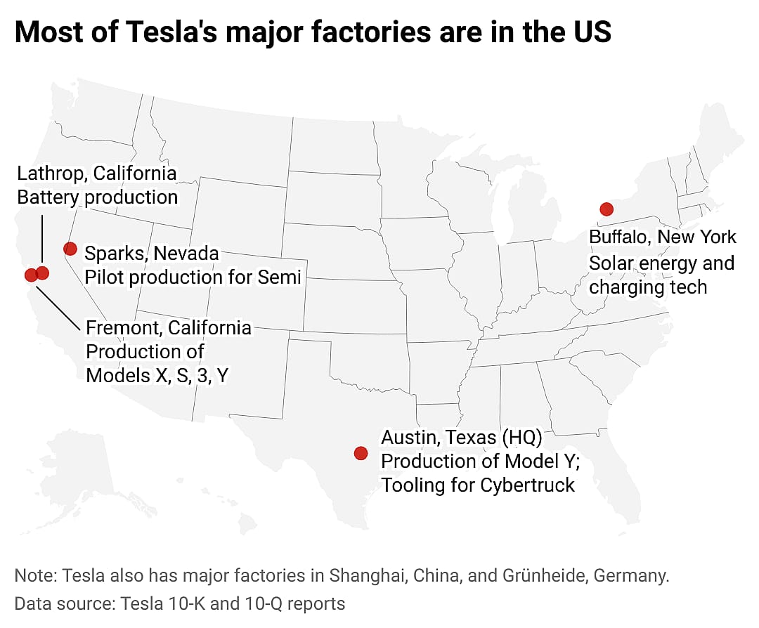A map showing the locations of Tesla's major US factories.