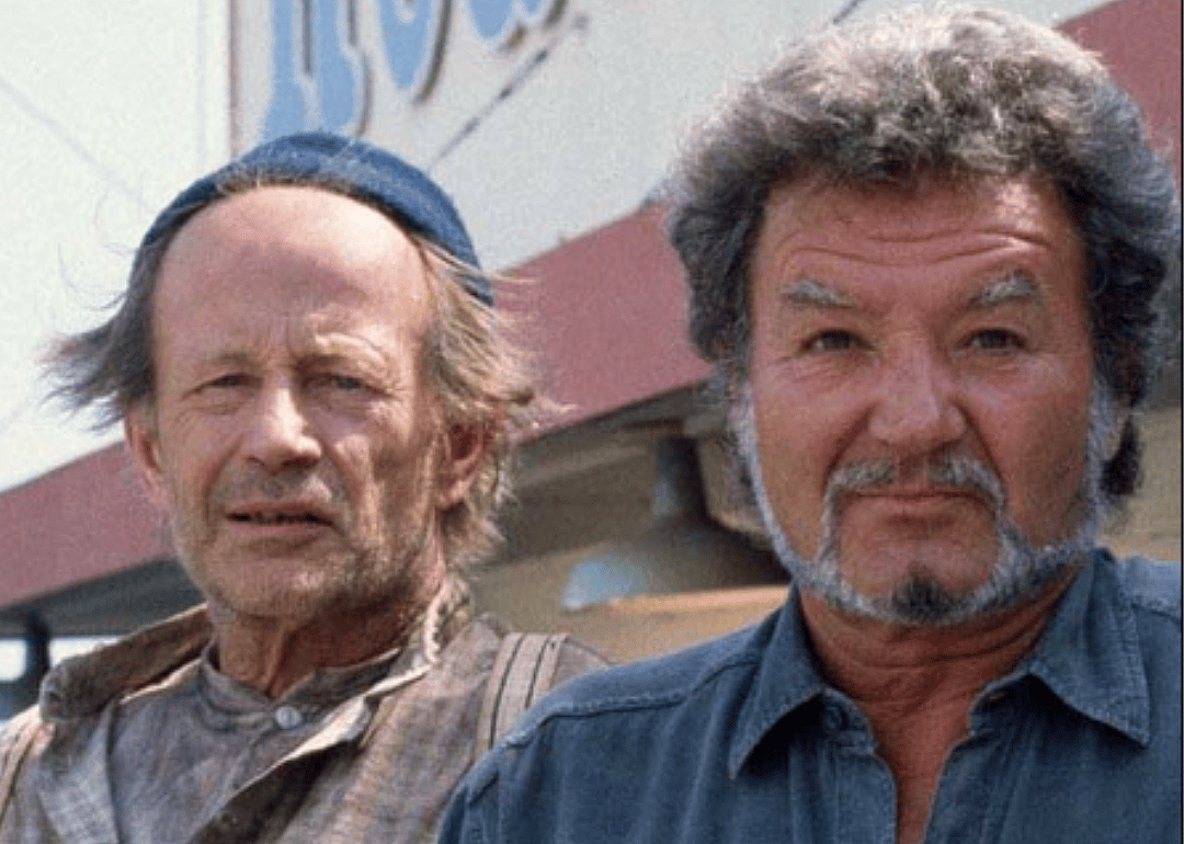 A close up of Robert Clothier and Bruno Gerussi looking at the camera in a scene from Beachcombers.