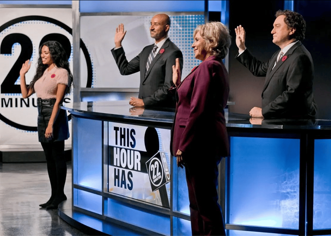 Mark Critch, Cathy Jones, Trent McClellan and Nadine Bhabha on the set of "This Hour Has 22 Minutes."