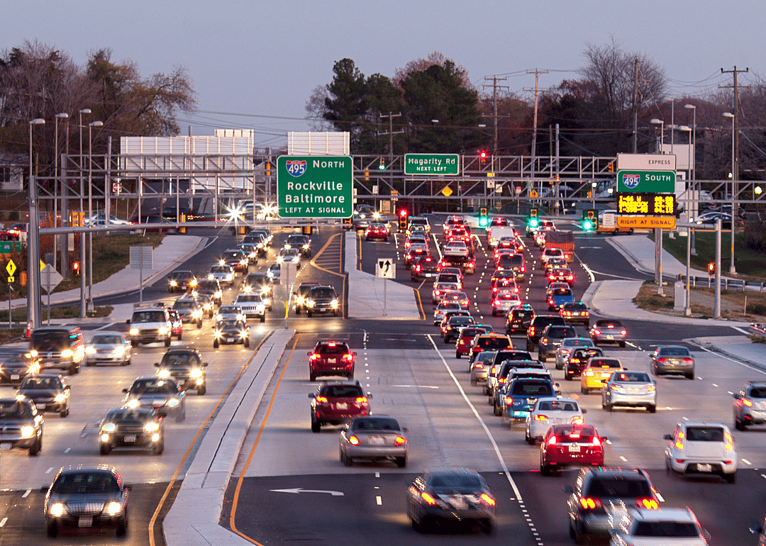 Busy traffic on the highway at dusk.