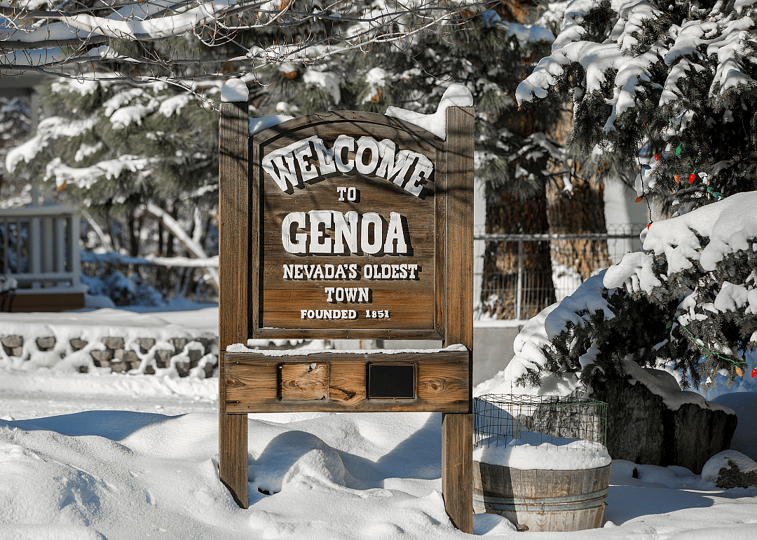 A wooden sign inviting people to Genoa.