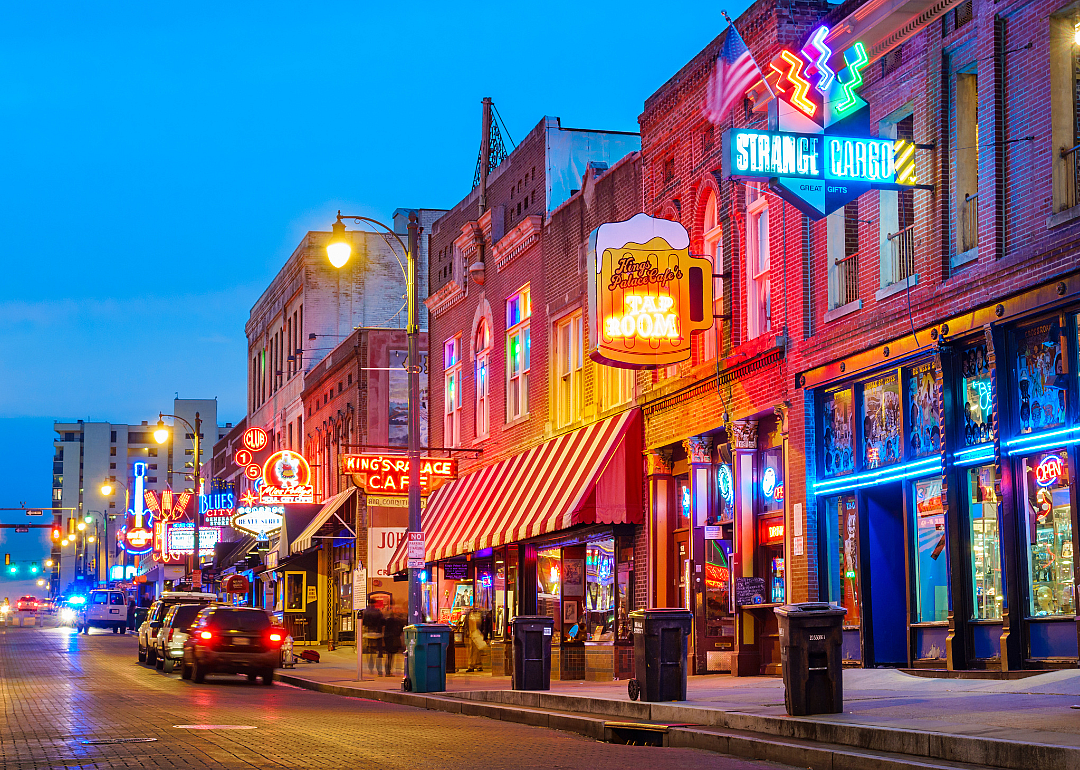 The Beale Street Music District in Memphis at night.