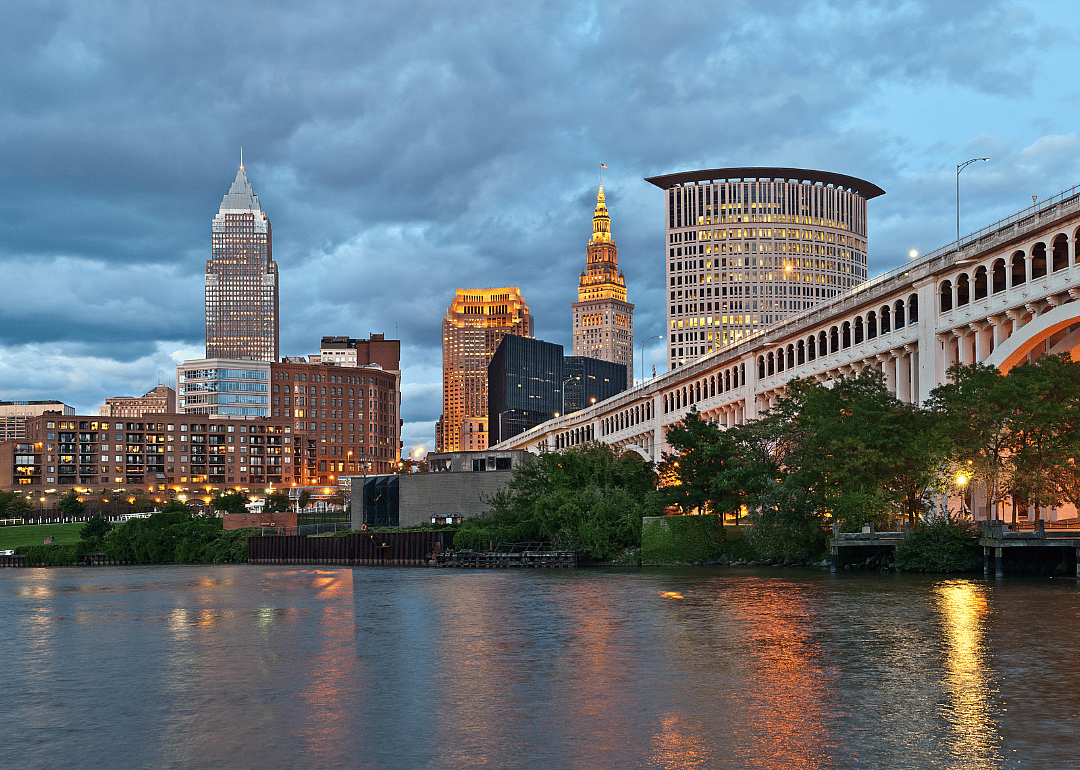 Cleveland's skyline as seen from across the river on a cloudy day.