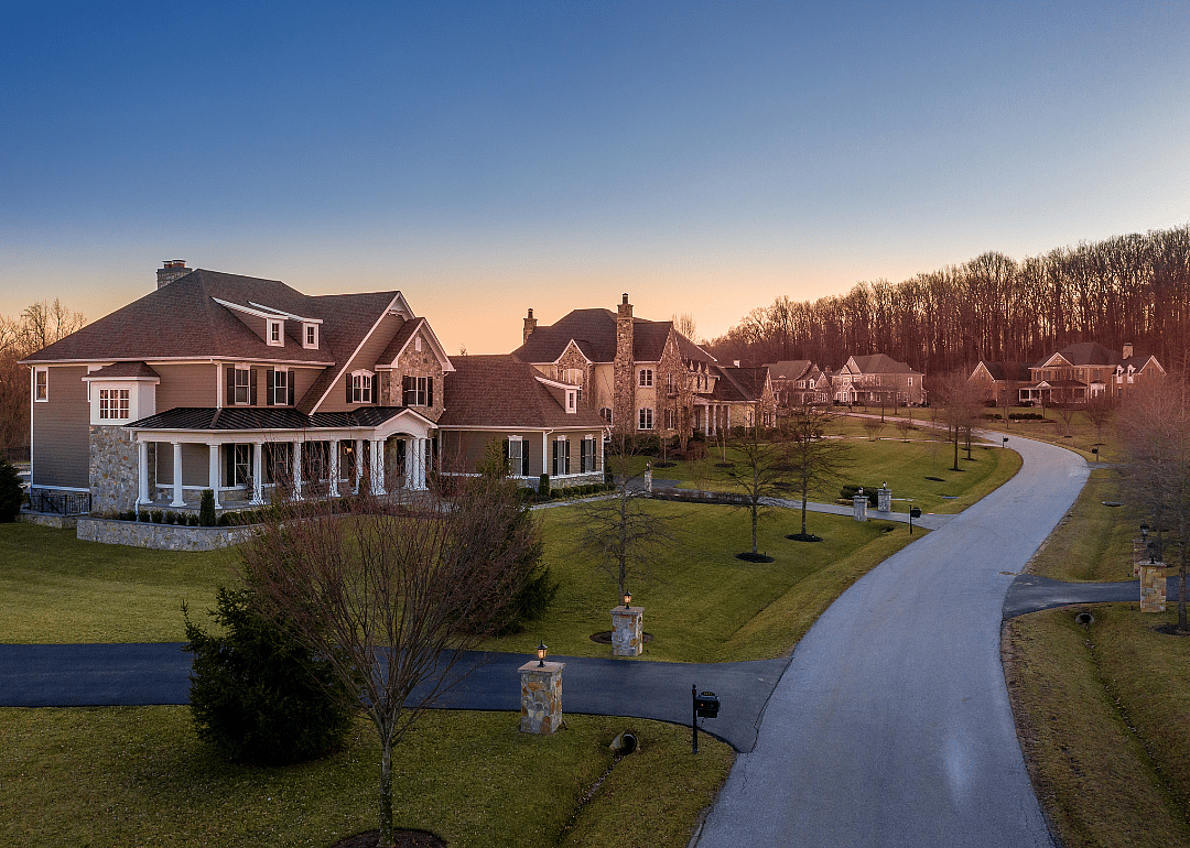 An aerial view of new construction, luxury, single-family homes in Maryland.