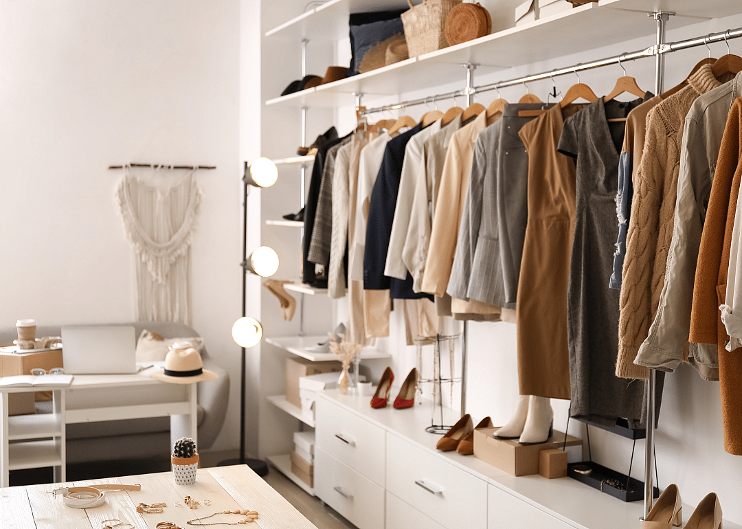 The stylish interior of a modern clothing store.