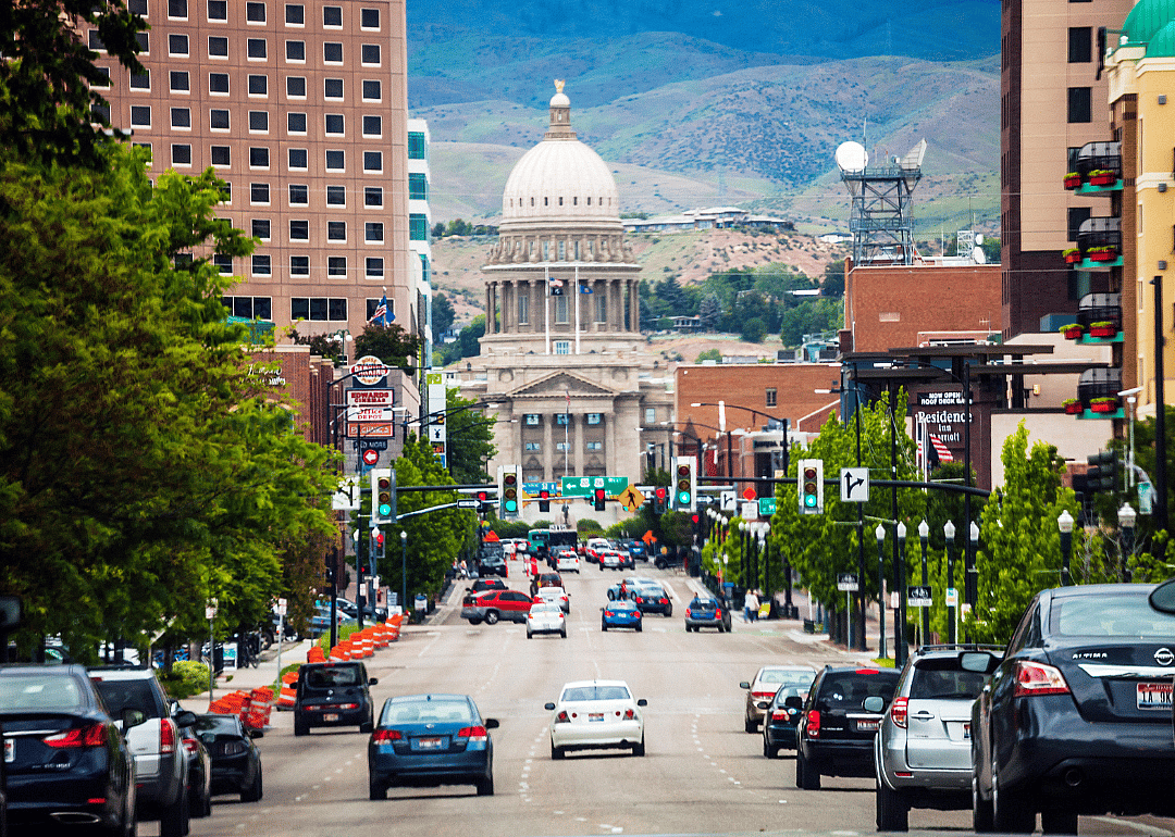 Cars driving towards the capitol building in Boise.