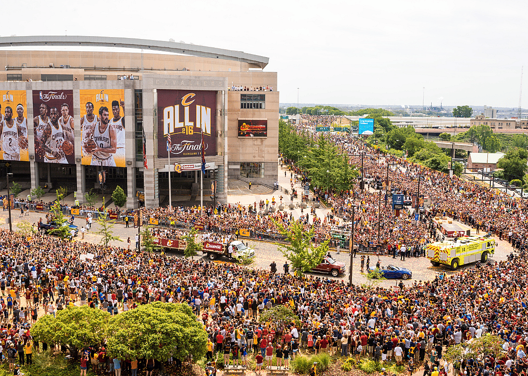 Cleveland fans celebrating during the Cleveland Cavaliers 2016 NBA Championship Victory Parade and Rally on June 22, 2016, in Cleveland, Ohio. 
