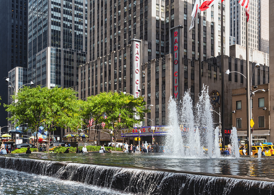 Radio City seen over the fountain on Sixth Street