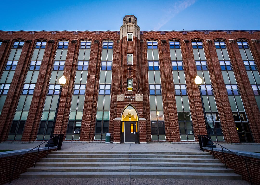 Aquinas Hall at Providence College as seen at dusk.