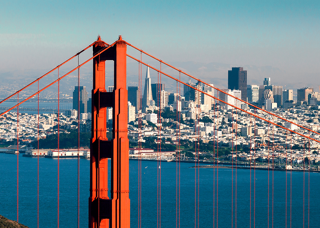 The Golden Gate Bridge with San Francisco behind it in the background.