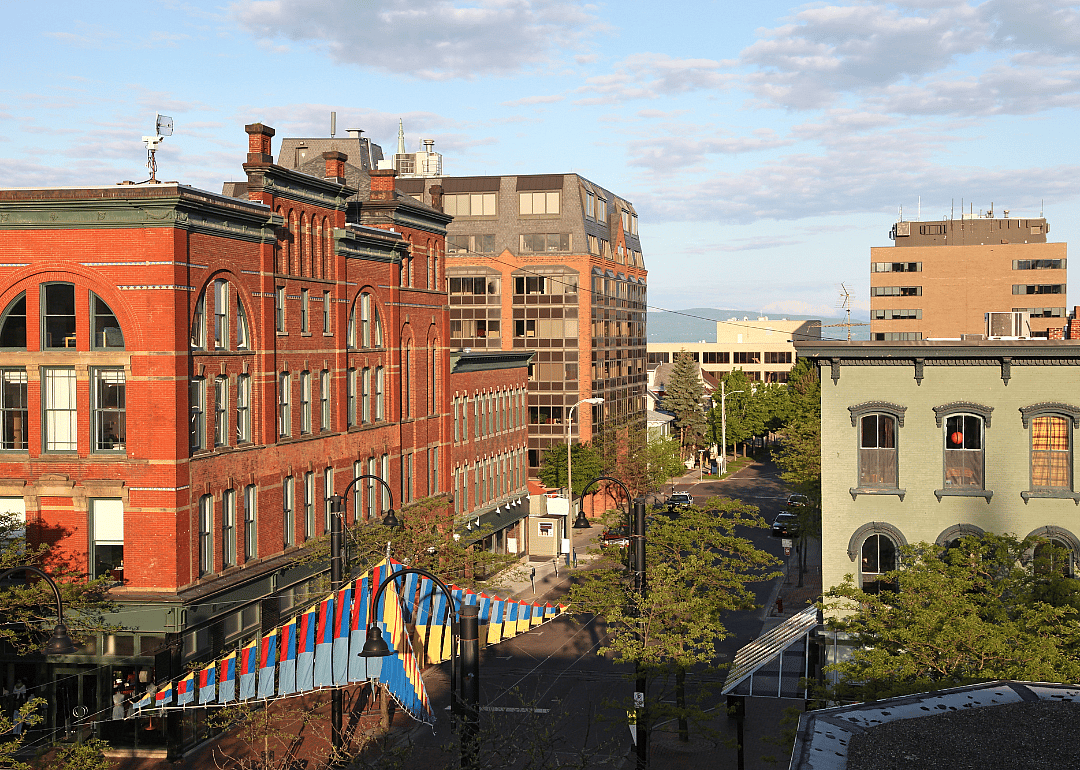 Buildings lining a street in downtown Burlington.