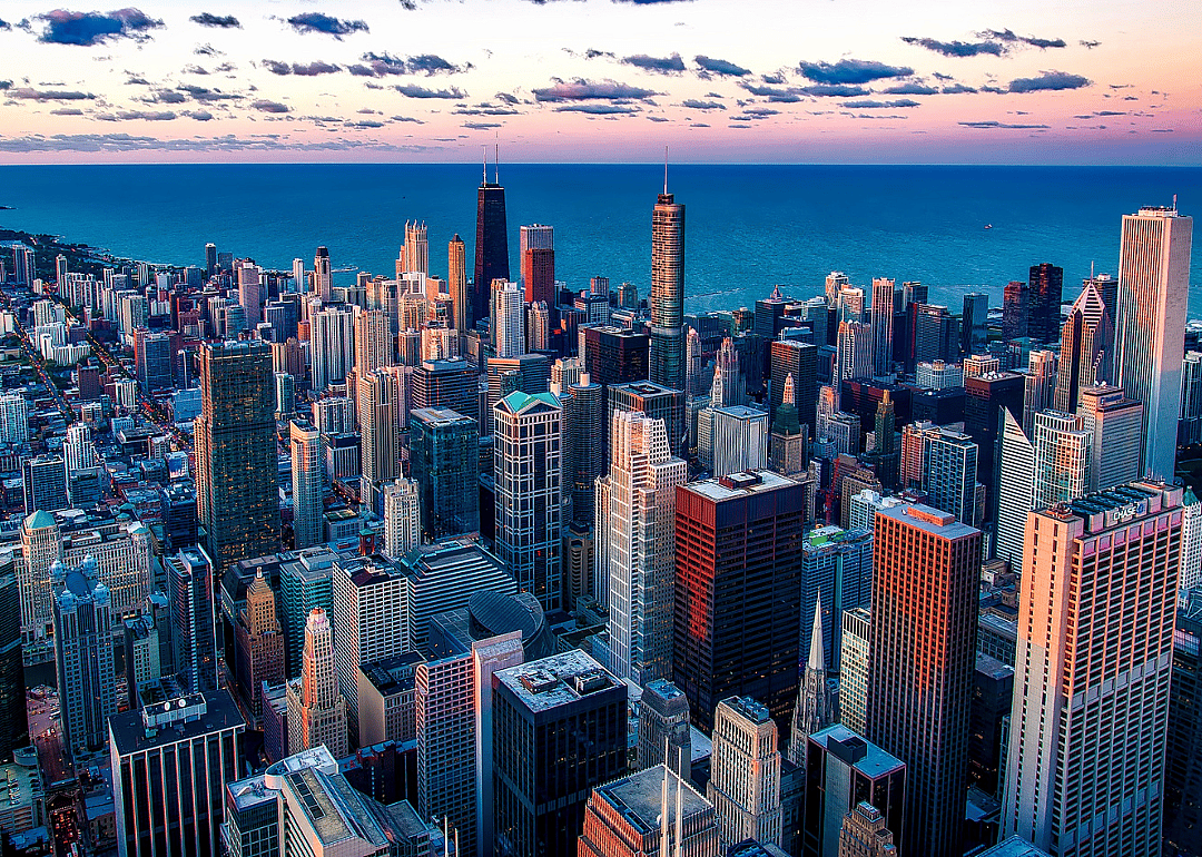 An aerial view of Chicago and Lake Michigan.