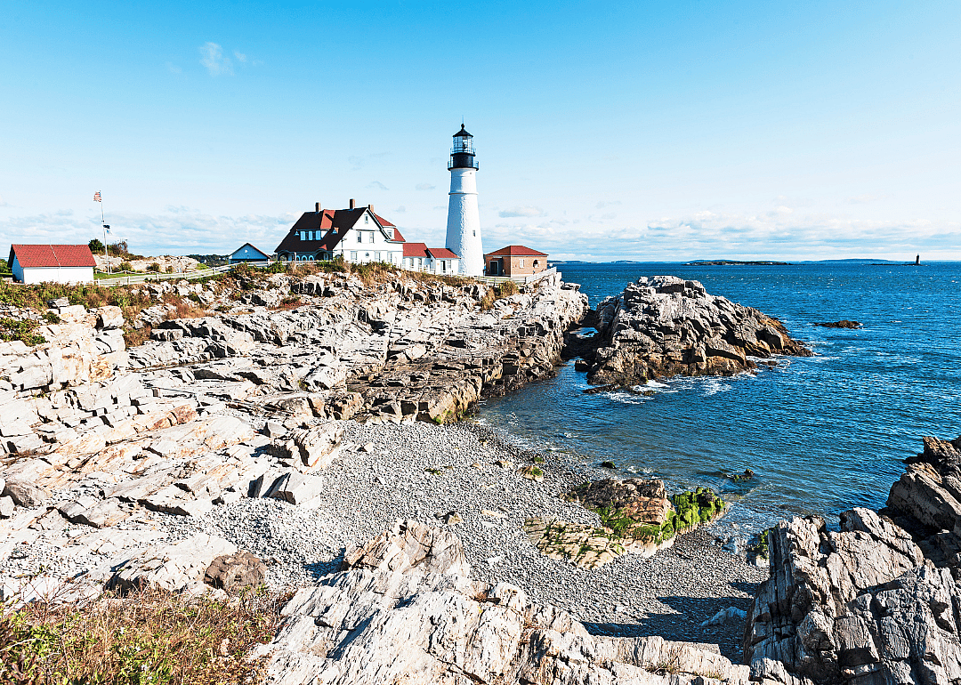 A lighthouse in Cape Elizabeth on a sunny day.