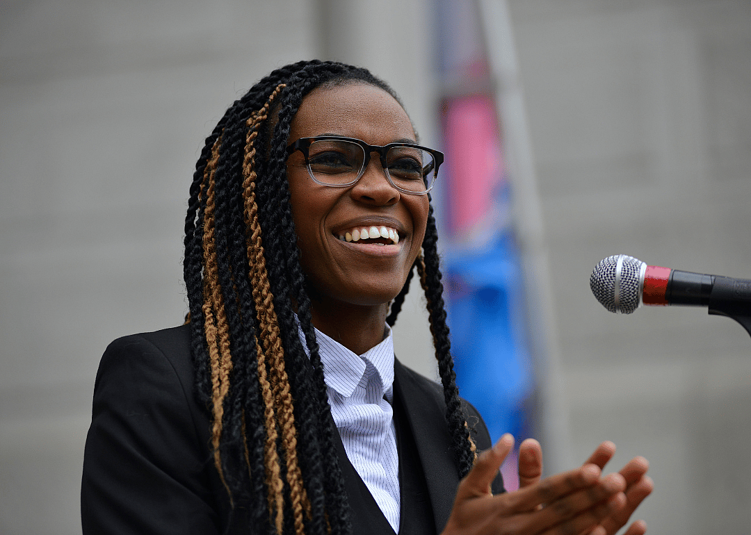 Amber Hikes, Director of Philadelphia's Office of LGTBQ Affairs, speaking at an event.