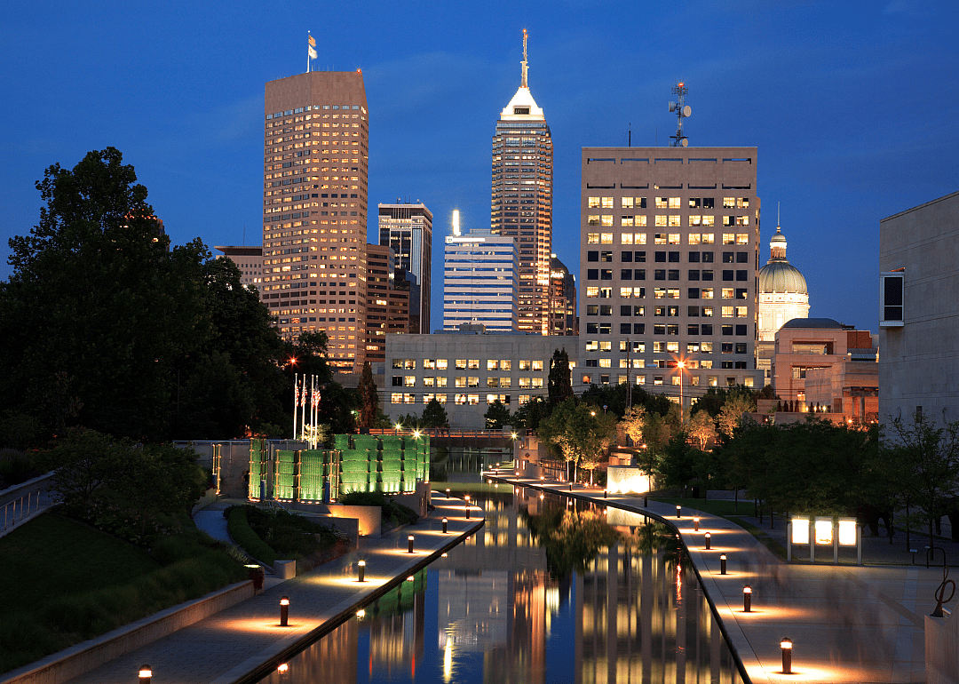 Indianapolis's skyline as seen at night.
