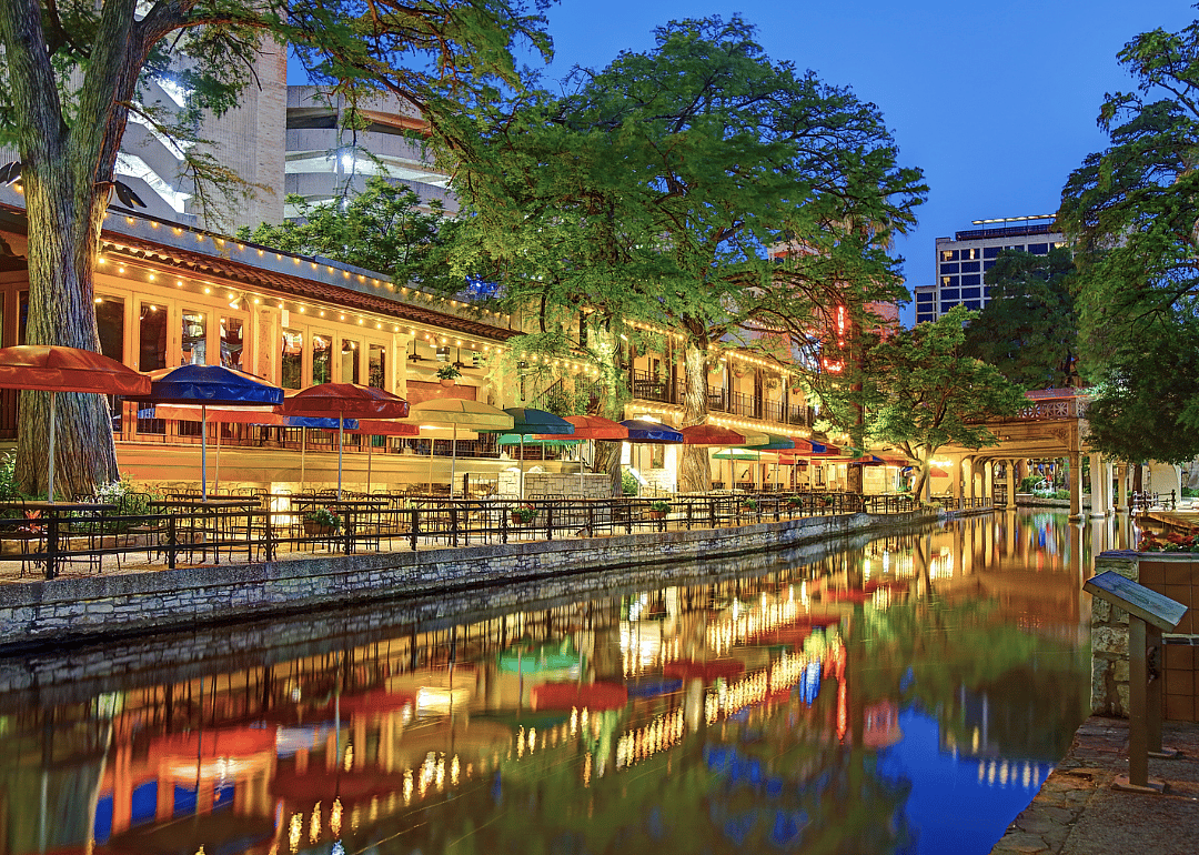 The San Antonio River Walk at night.
