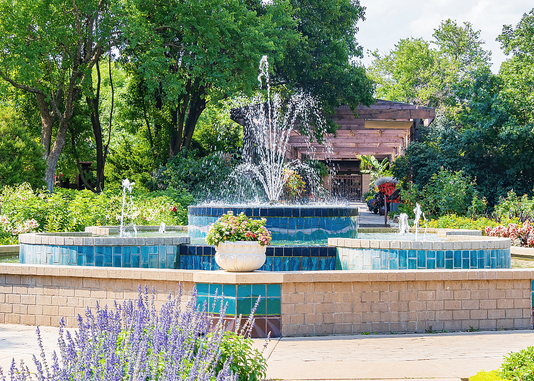A sunny view of the landscape in Botanica, The Wichita Gardens.
