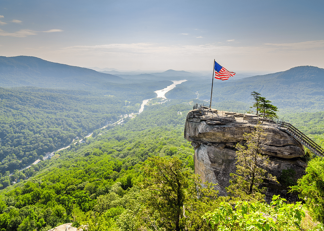 A scenic view of Chimney Rock in Nebraska, overlooking a scenic view of Chimney Rock State Park.