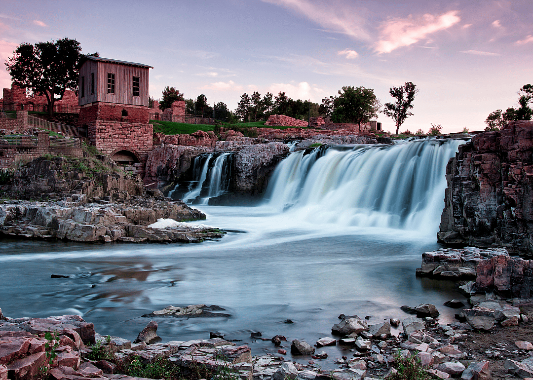 A waterfall in Sioux Falls at sunset.
