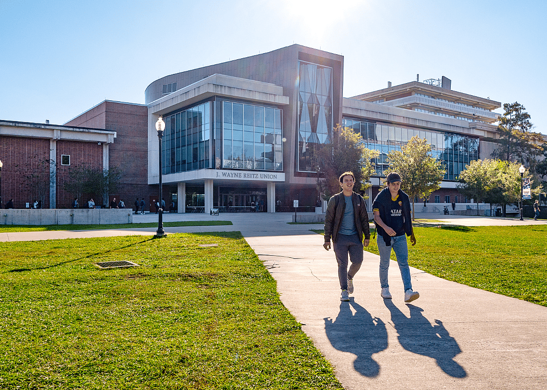 Students walking on the lawn of a quad on the campus of the University of Florida in Gainesville.