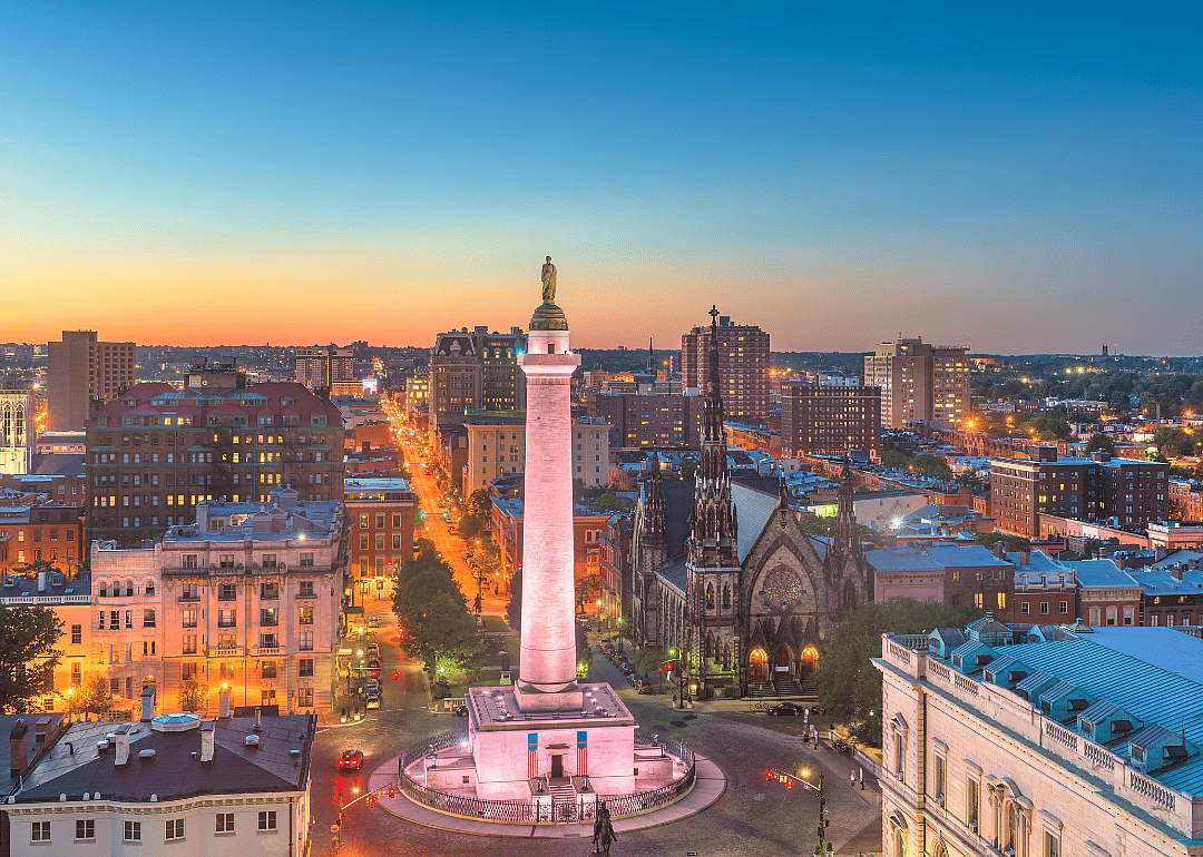 An aerial view of Baltimore at dusk.