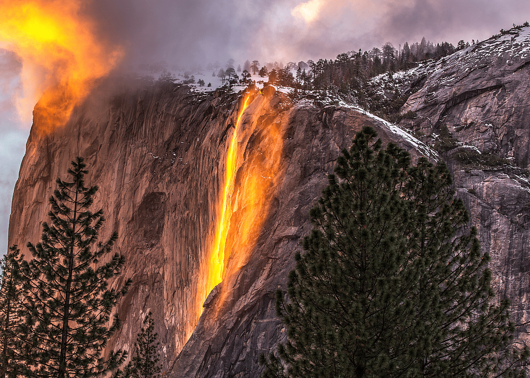 Horsetail Fall lit up bright orange in Yosemite National Park.