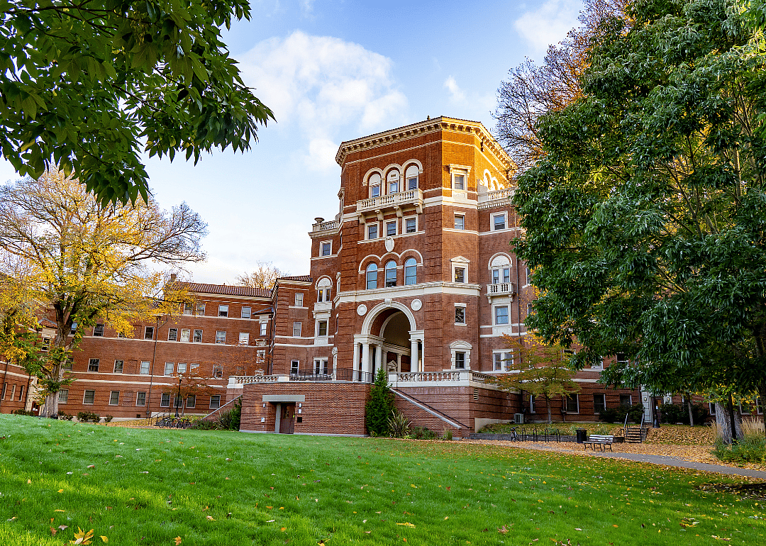 Weatherford Hall surrounded by trees on the Oregon State University campus.