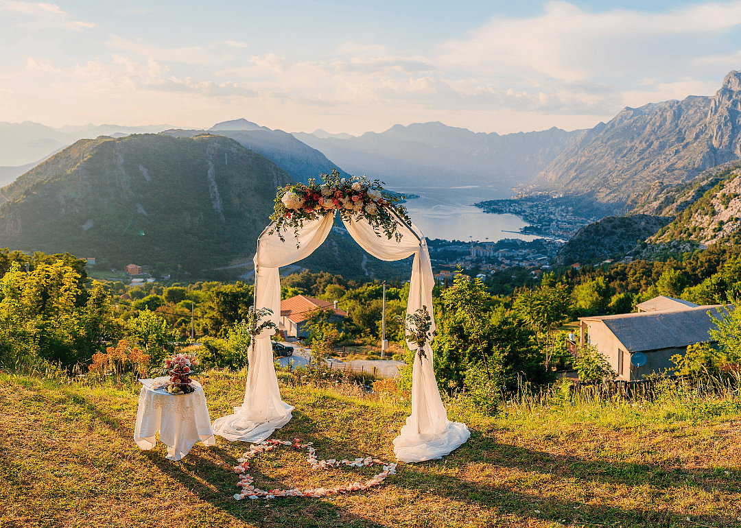 A wedding setting with mountain views