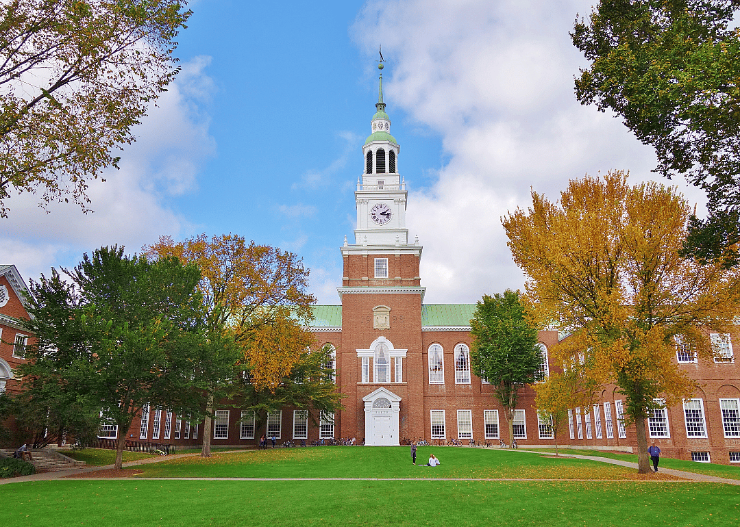 The Dartmouth Green, Baker Library, and bell tower.