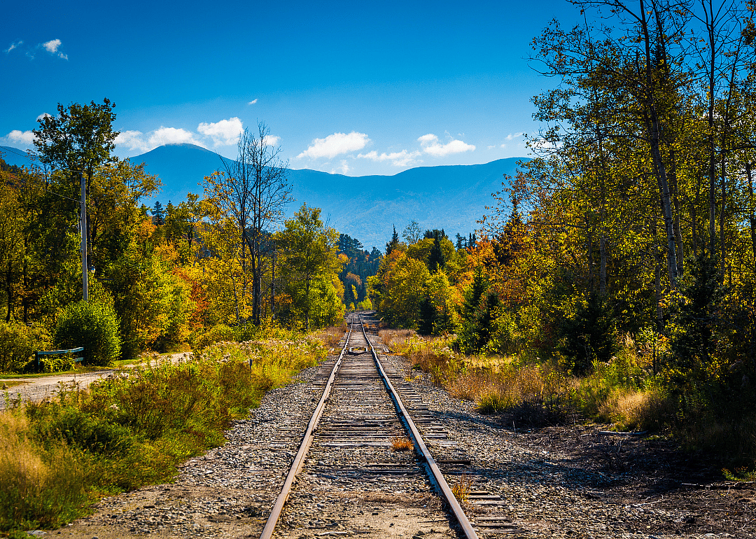 Railroad tracks and distant mountains as seen in White Mountain National Forest.
