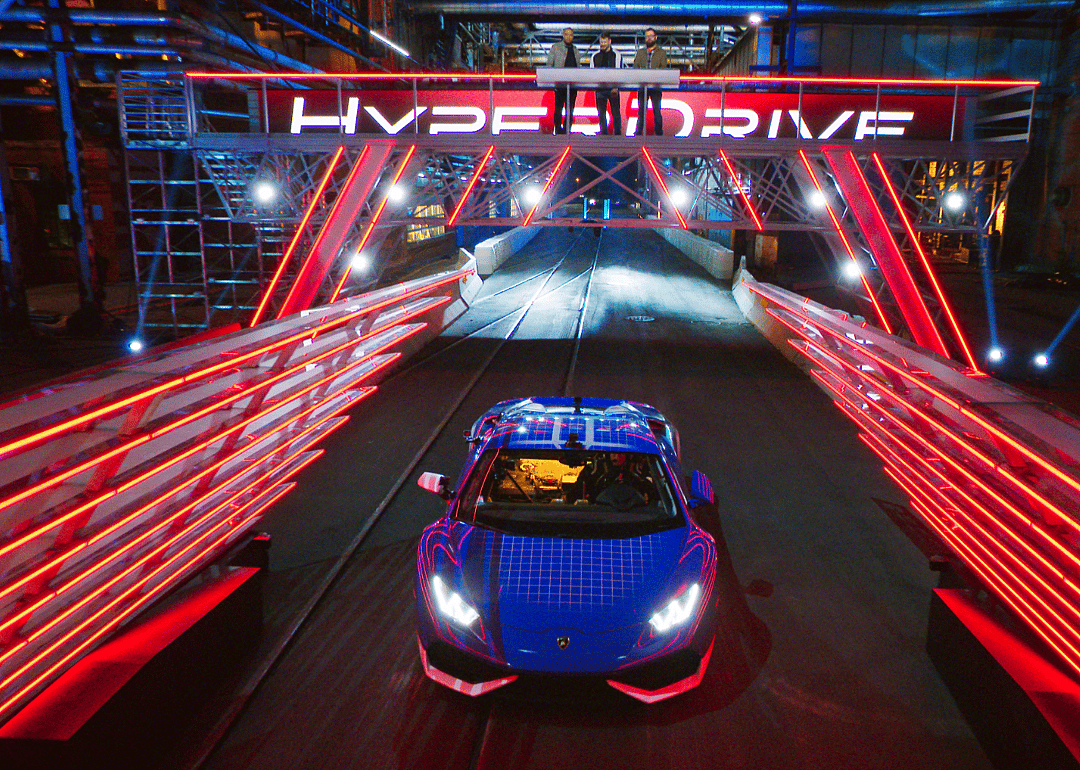 A racing car on a lighted track