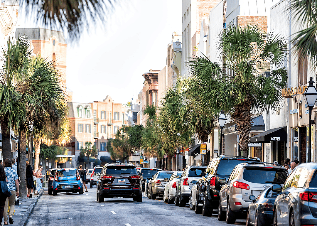 Cars driving down King Street in Charleston.