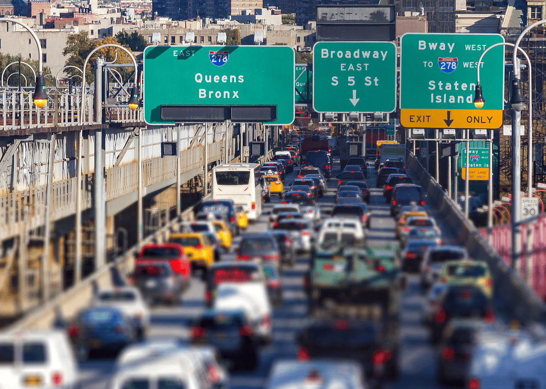 A rush hour traffic jam on the Williamsburg Bridge in Brooklyn, New York City, New York