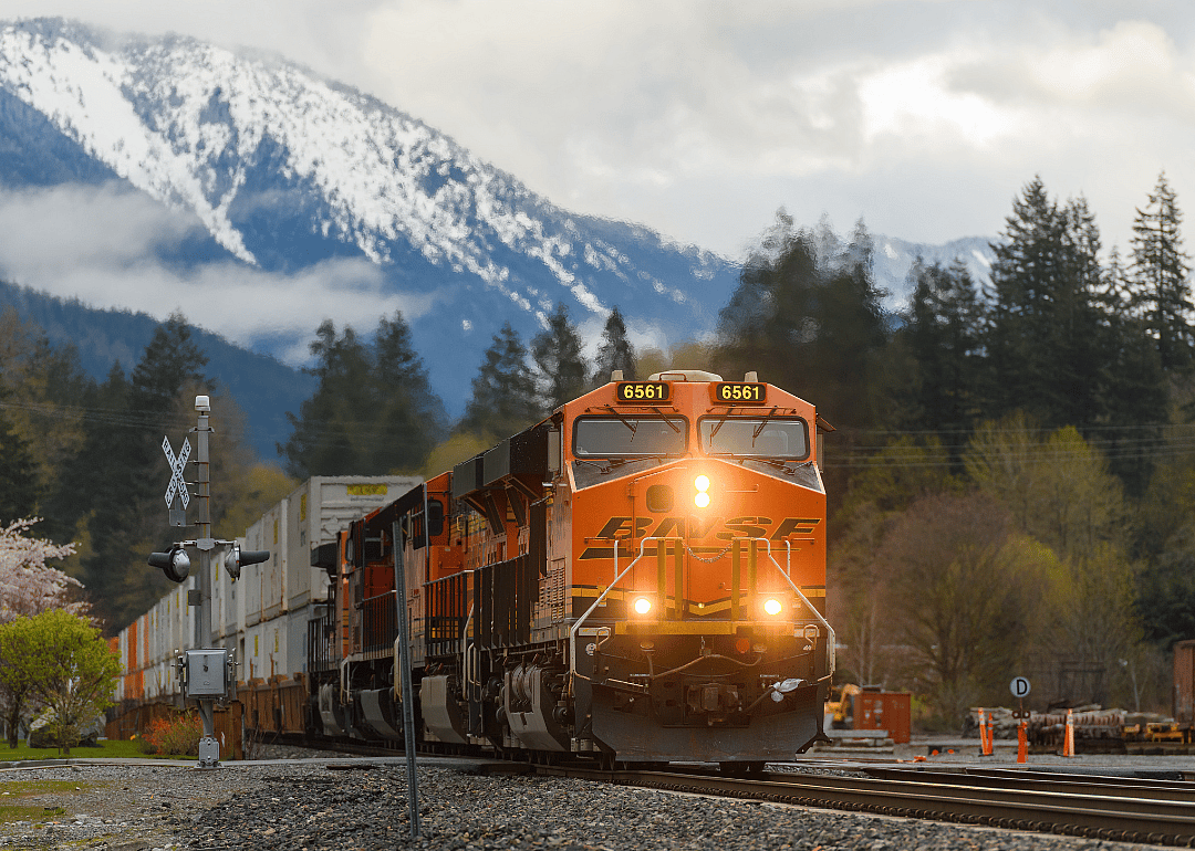 A BNSF intermodal freight train as darkness falls in Skykomish.