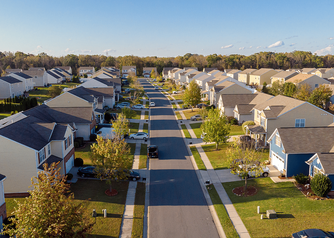 An aerial shot of a development of single homes in the Charlotte suburbs.