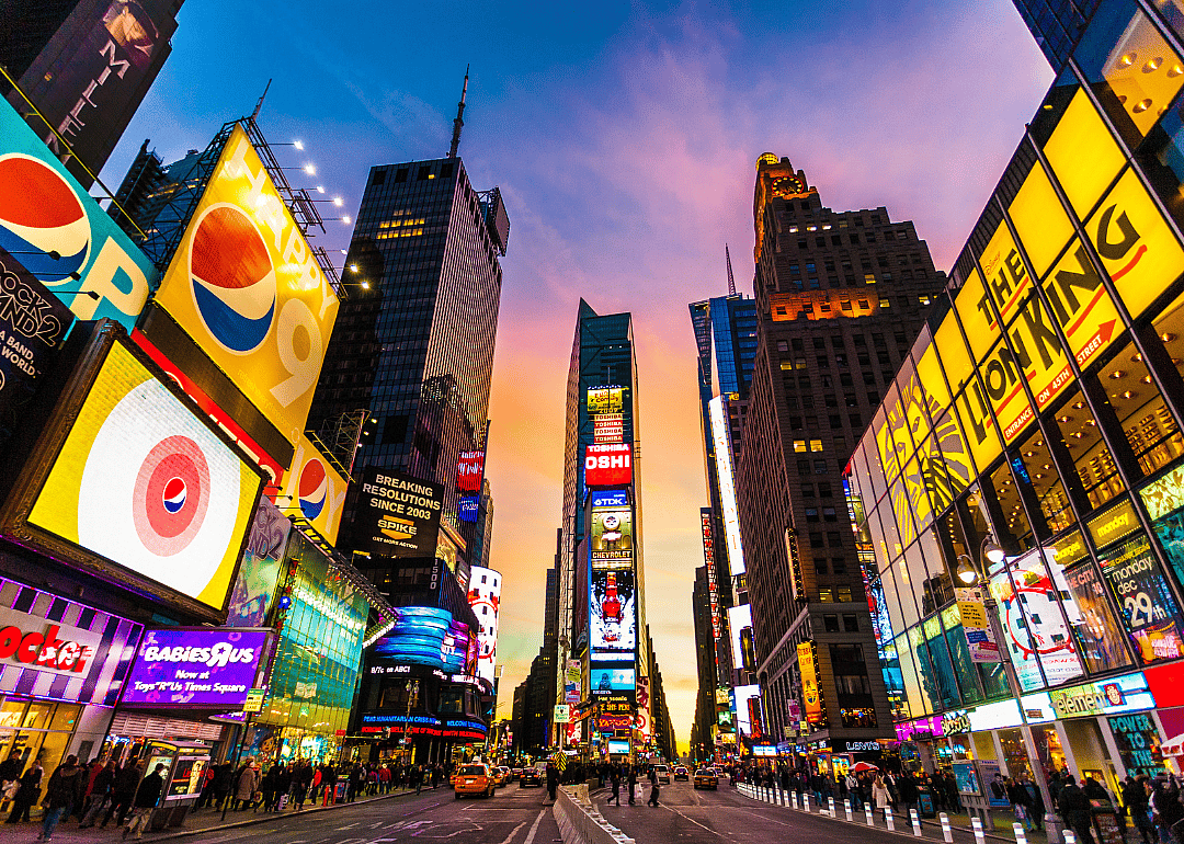 The bright, neon advertisements of Times Square in New York City.