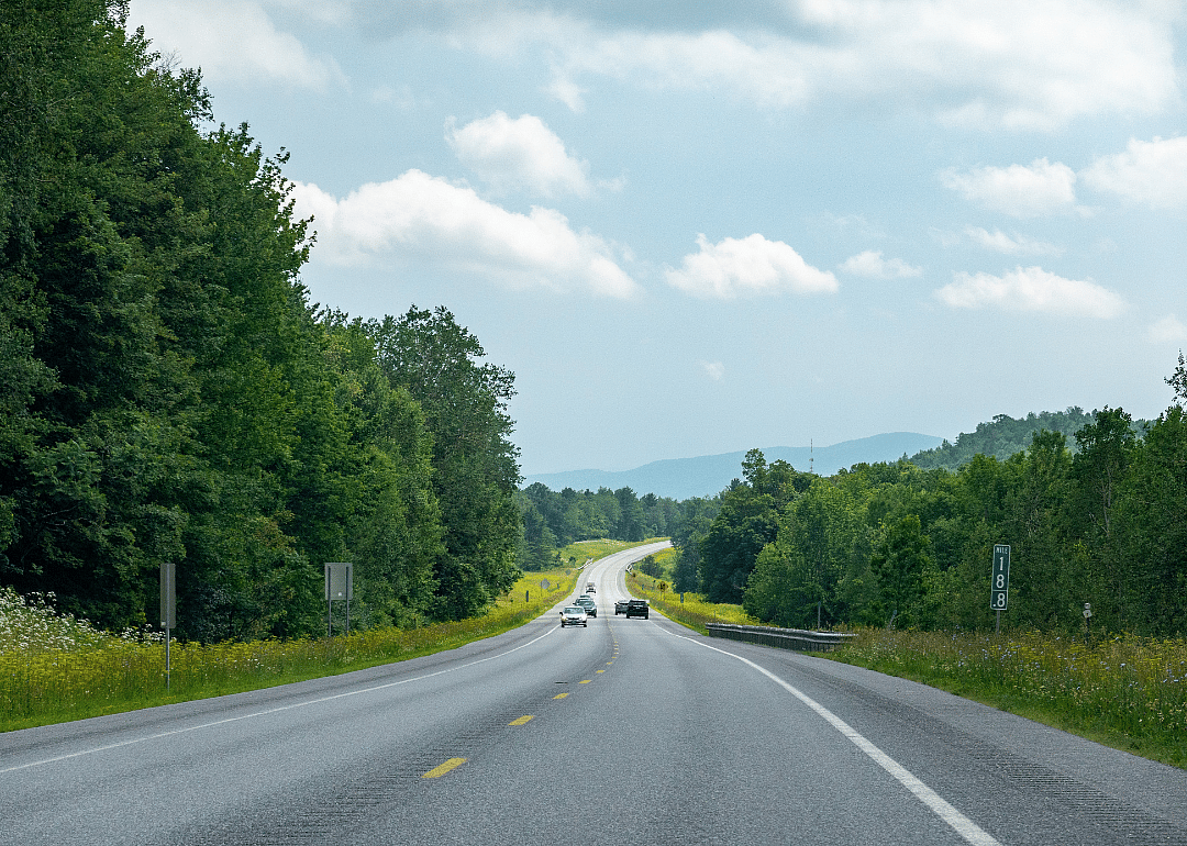 A highway with little traffic surrounded by green woods.