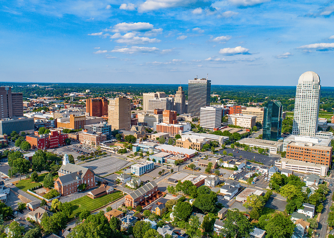 Aerial view of city skyline.