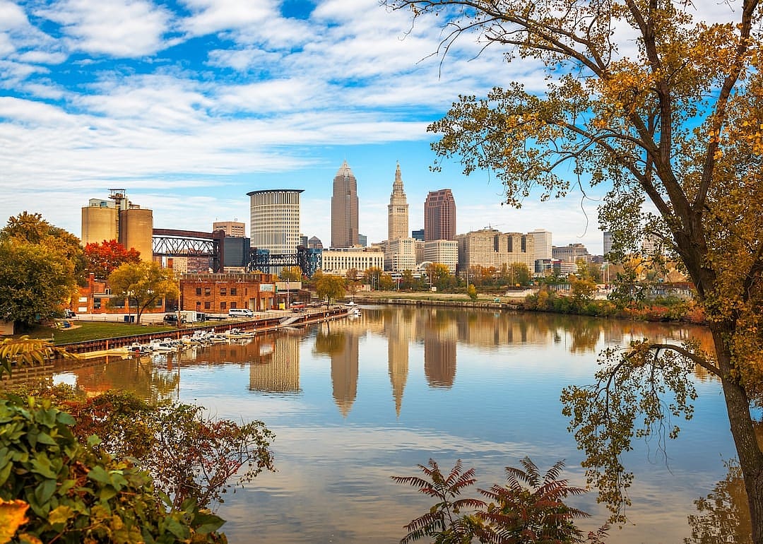 Cleveland skyline on the Cuyahoga River in autumn.
