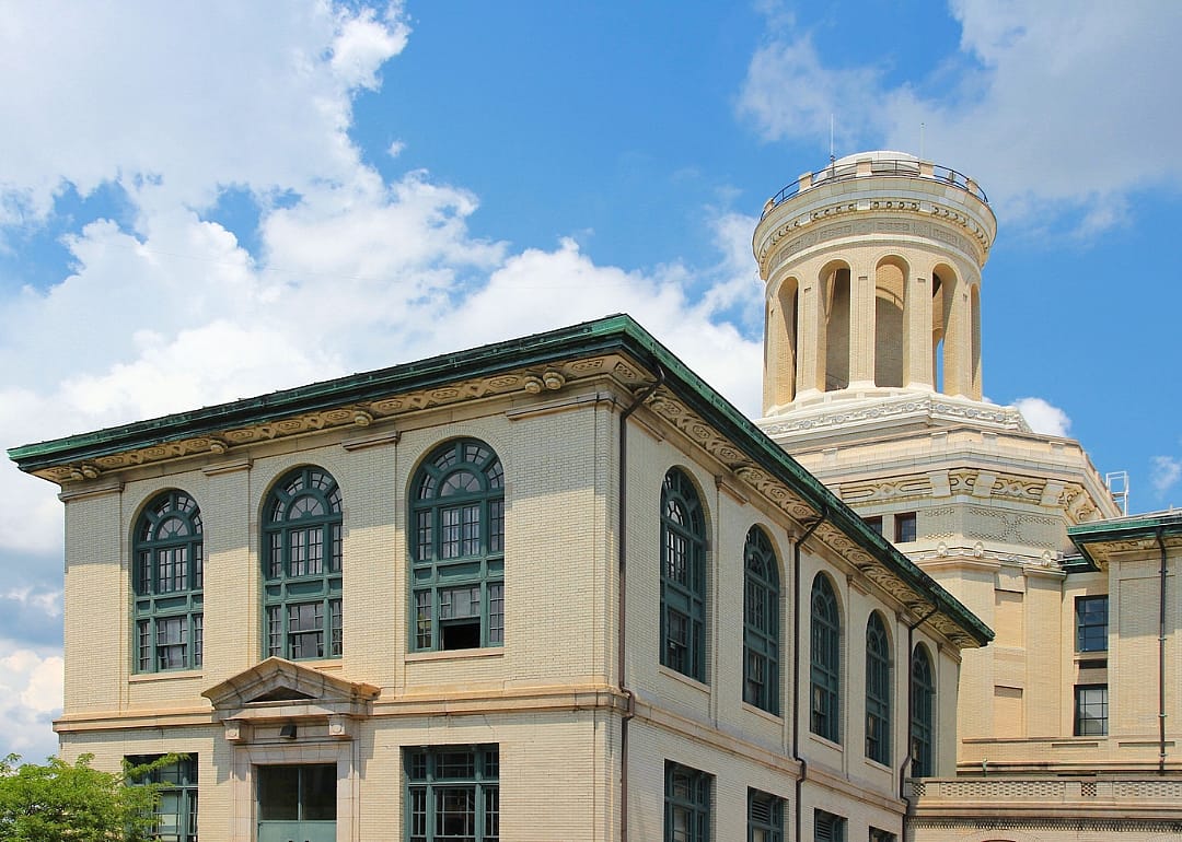 Historic white stone buildings.