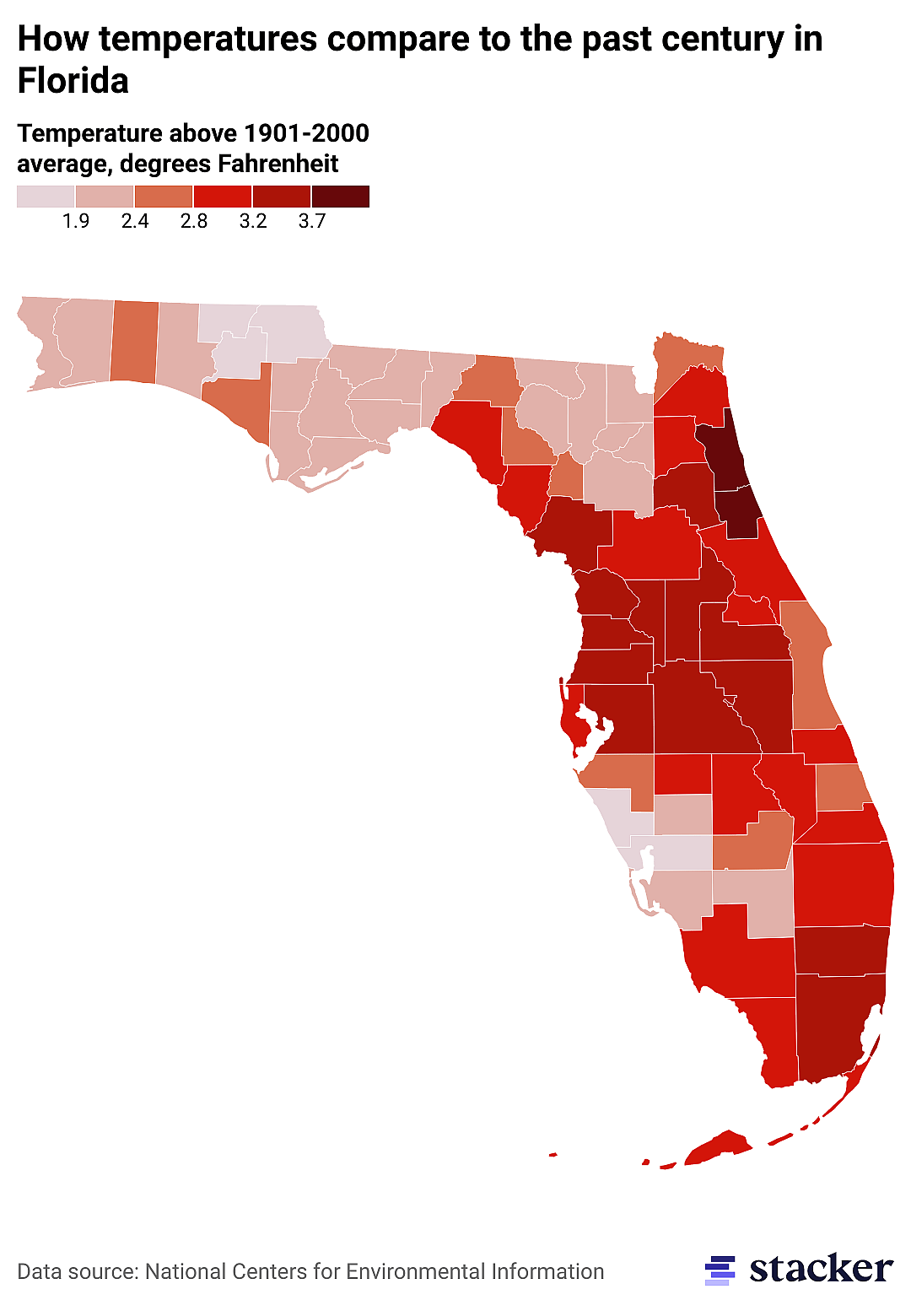 Map of the past year's temperatures compared to the 100-year average