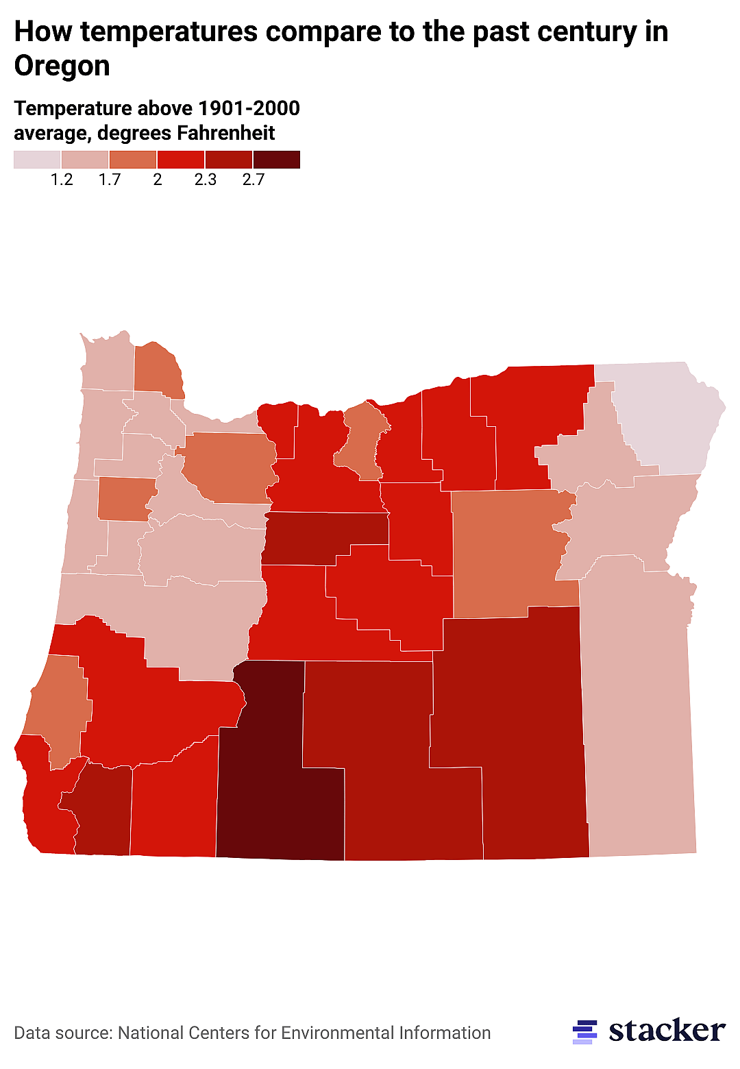 Map of the past year's temperatures compared to the 100-year average