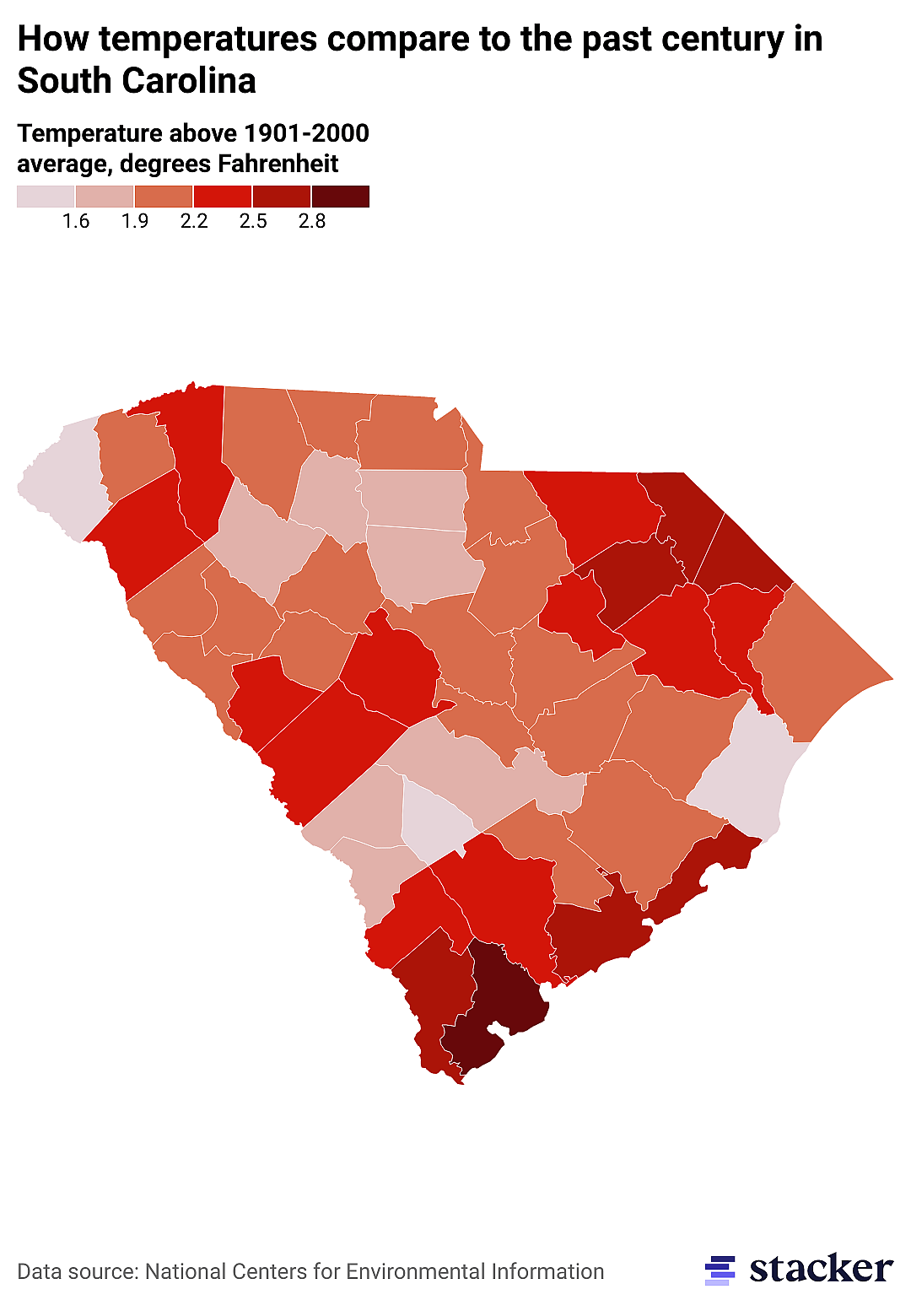 Map of the past year's temperatures compared to the 100-year average